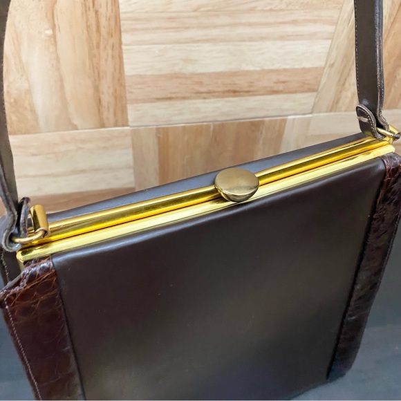 Vintage Sydney of California Brown Croc Leather Trim Top Handle Clutch Handbag - Picture 12 of 16